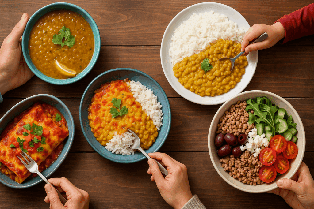 Family enjoying easy weeknight dinners with globally-inspired dishes including Indian daal with rice, Mexican enchiladas, Middle Eastern lentil soup, and a Mediterranean grain bowl