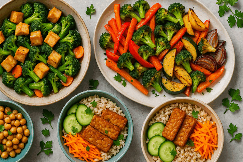Colorful plant-based dinner spread with tofu stir-fry, tempeh bowls, chickpeas, and roasted vegetables served family-style for easy weeknight dinners.