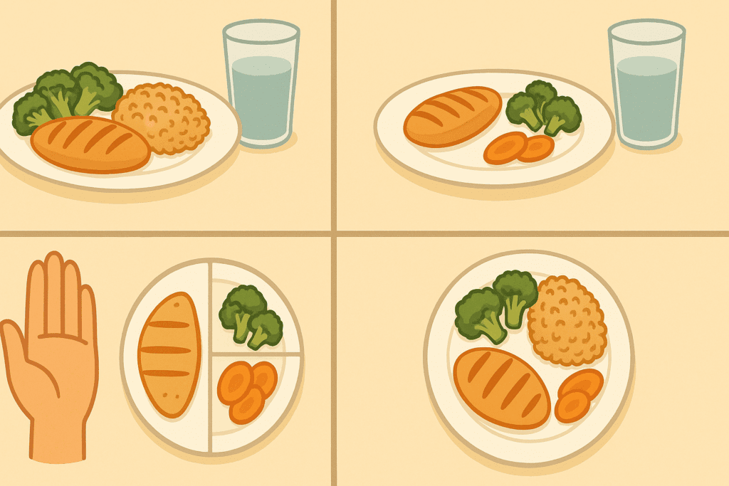 Split-screen infographic showing portioned balanced plates with proteins, vegetables, grains, and water—ideal for easy weeknight dinners.
