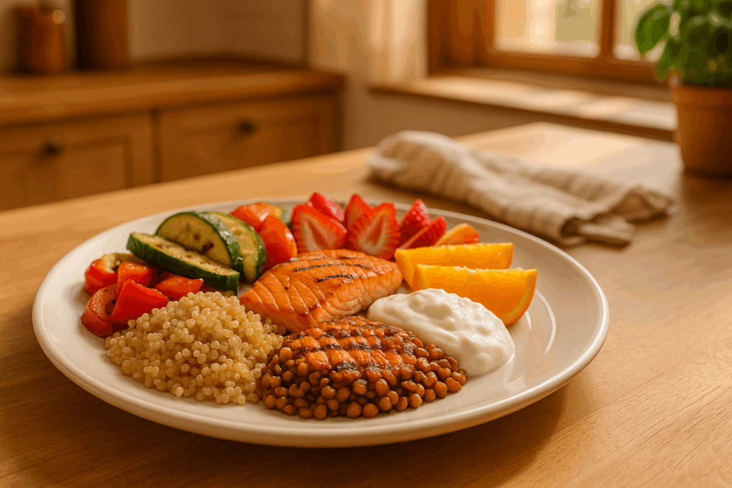 Grilled salmon, lentils, quinoa, fresh fruit, yogurt, and vegetables arranged on a plate in a sunlit kitchen—perfect dinner ideas with all 5 food groups.