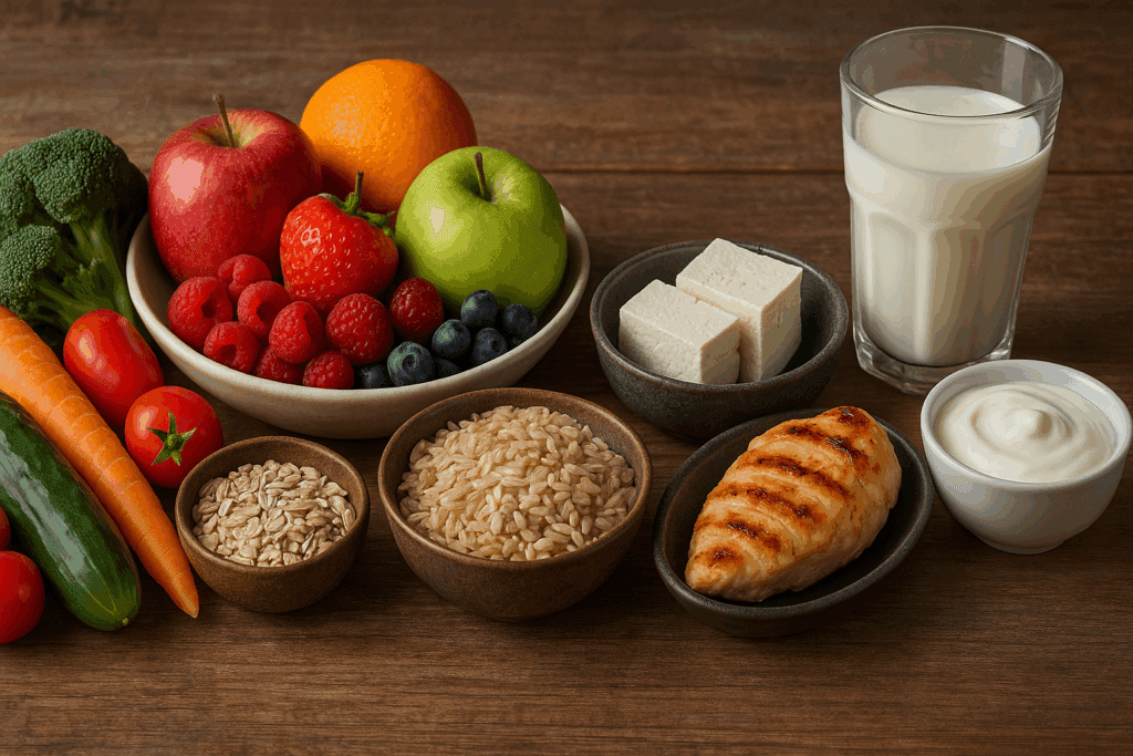 Rustic wooden table displaying dinner ideas with all 5 food groups: fresh vegetables, assorted fruits, whole grains, protein sources like tofu and grilled chicken, and dairy items.