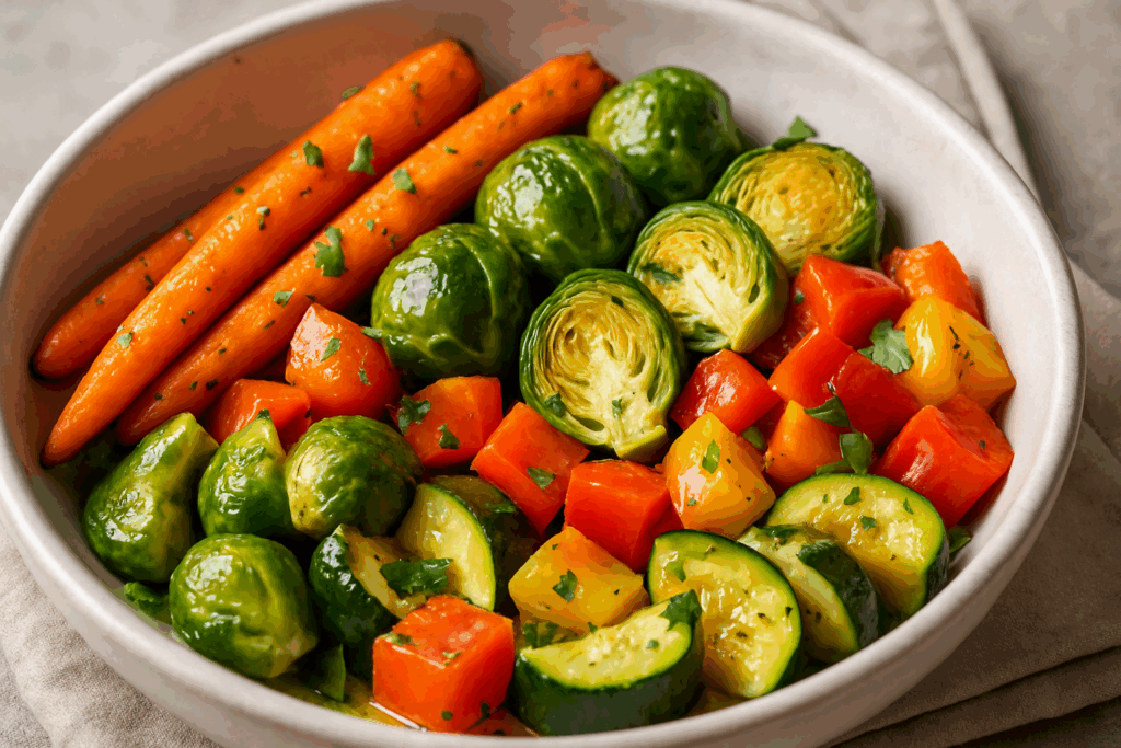 Roasted carrots, Brussels sprouts, bell peppers, and zucchini in a grain bowl with herbs and olive oil—perfect for dinner ideas with all 5 food groups.