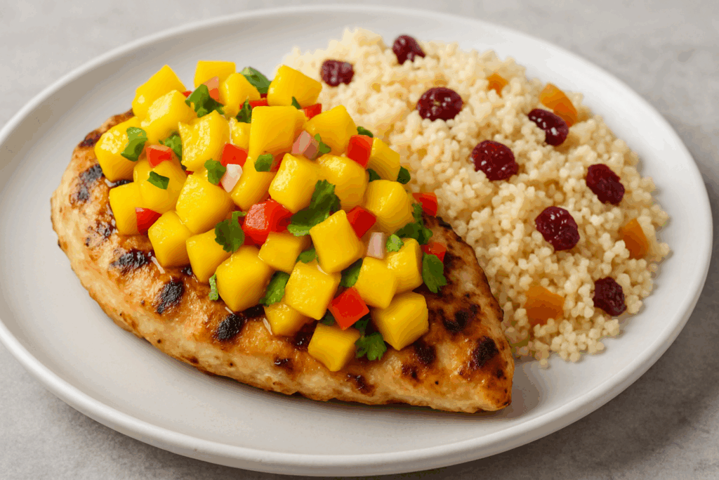Grilled chicken topped with mango salsa and served with couscous and dried cranberries, a colorful example of dinner ideas with all 5 food groups.