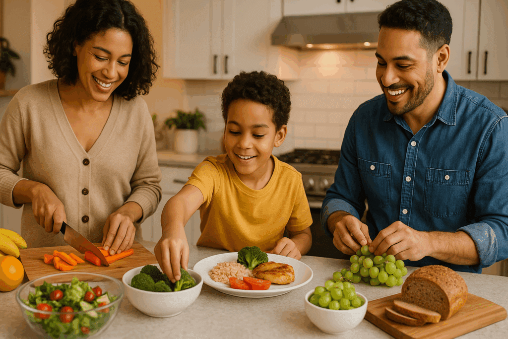 Family preparing dinner together in a kitchen, showing dinner ideas with all 5 food groups including fruits, vegetables, grains, protein, and dairy.