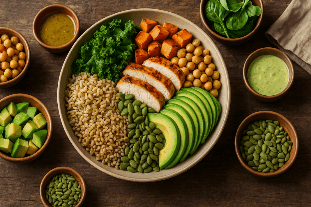 Overhead view of a hearty salad bowl with grilled chicken, roasted sweet potatoes, avocado, chickpeas, grains, and leafy greens—ideal for hearty salad recipes for dinner