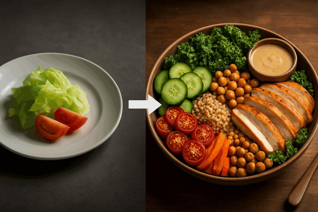 Visual comparison showing the evolution of hearty salad recipes for dinner, from a plain lettuce and tomato plate to a colorful, protein-packed grain bowl with chicken, chickpeas, and vegetables.