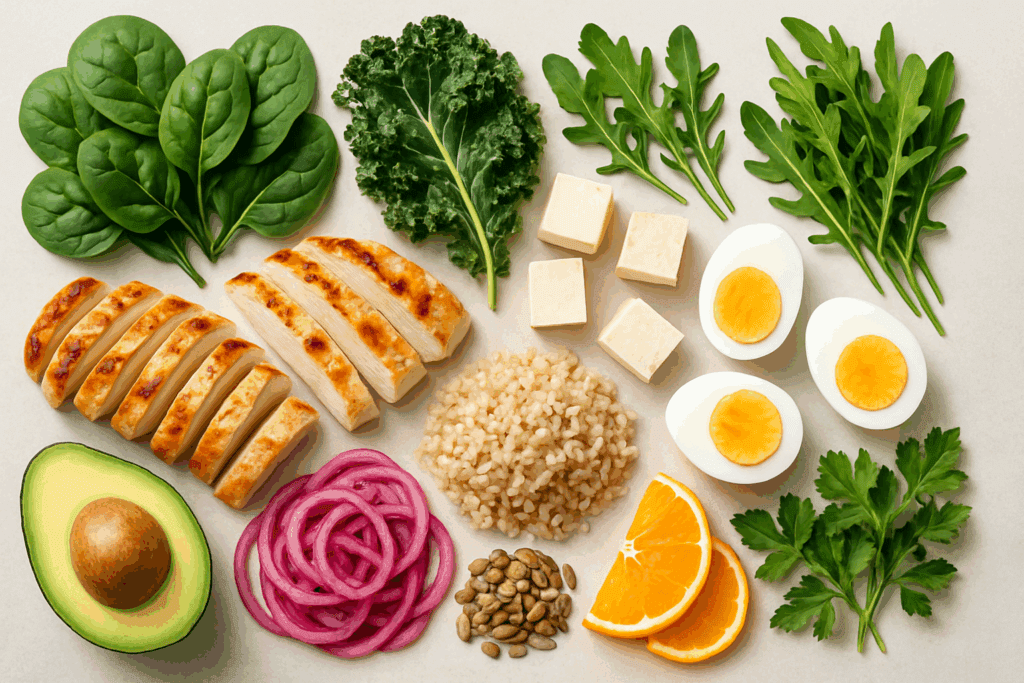 Deconstructed ingredients for hearty salad recipes for dinner, including spinach, kale, arugula, grilled chicken, tofu, boiled eggs, quinoa, brown rice, avocado, seeds, pickled onions, orange slices, and fresh herbs arranged in a flat lay.