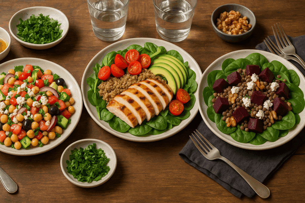 Three hearty salad recipes for dinner, featuring a Mediterranean chickpea salad, grilled chicken quinoa salad, and lentil beet spinach salad, beautifully plated on a wooden table.