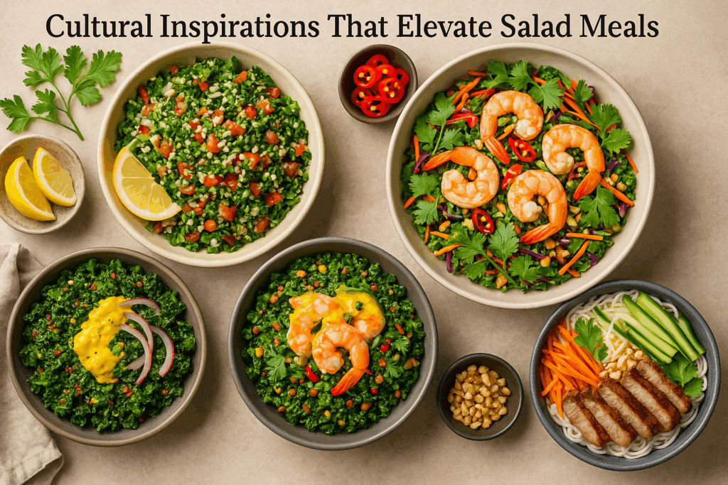 Four hearty salad recipes for dinner from global cuisines, including tabbouleh, Thai shrimp salad, Indian kale-lentil with turmeric yogurt, and Vietnamese vermicelli.