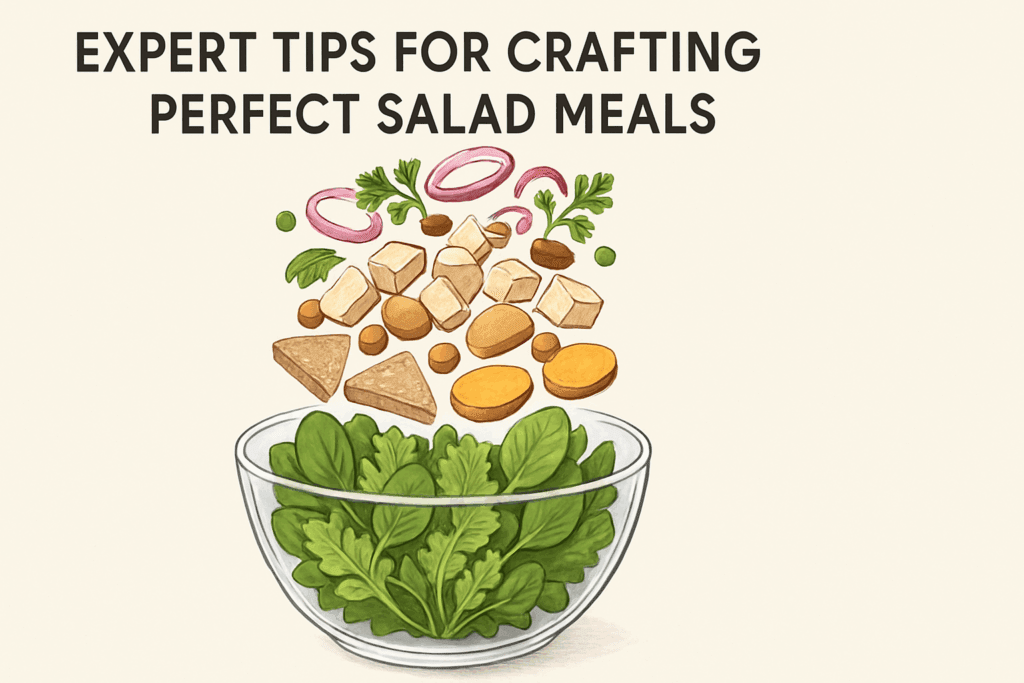 Layered glass bowl showing hearty salad recipes for dinner with leafy greens, proteins, complex carbs, healthy fats, and fresh garnishes.