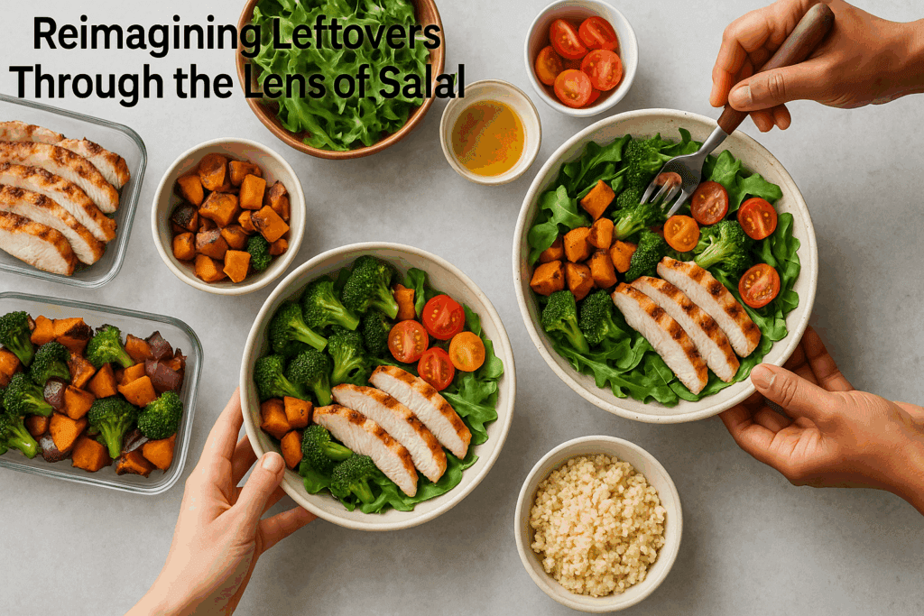 Hands assembling hearty salad recipes for dinner with grilled chicken, roasted vegetables, couscous, and fresh greens on a kitchen countertop.