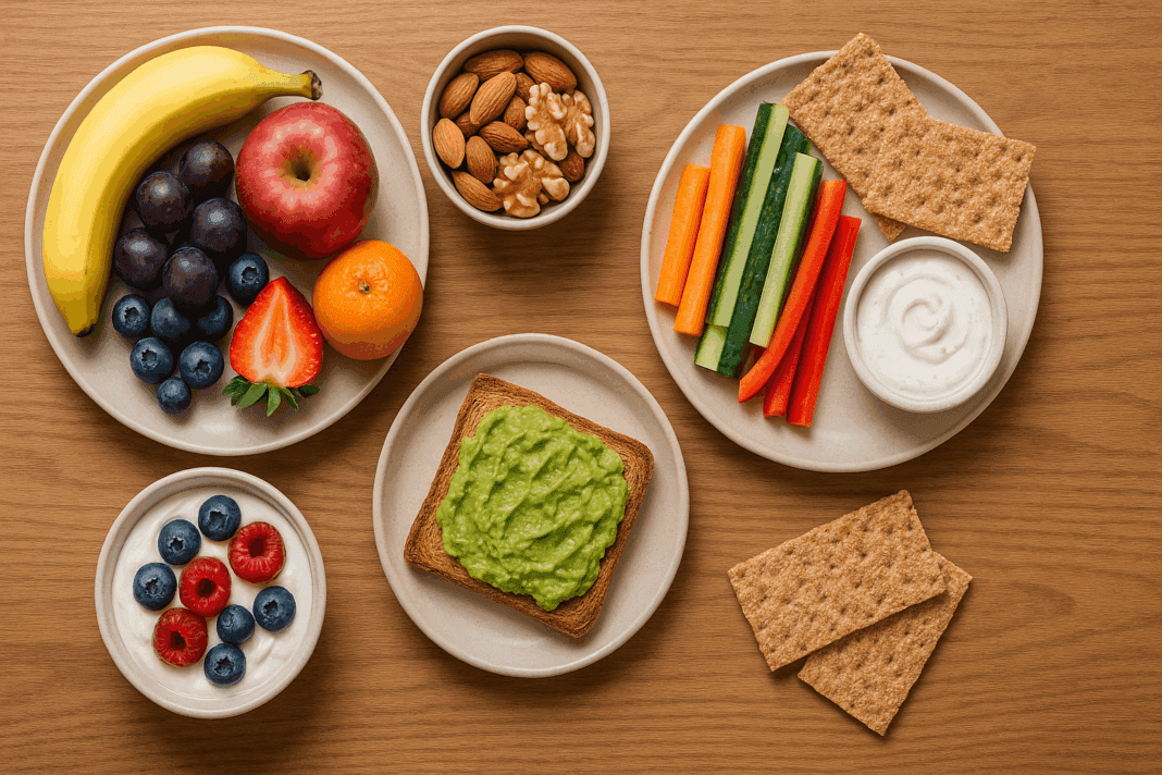 Flat-lay of easy and healthy snack ideas including fresh fruits, raw nuts, yogurt with berries, avocado toast, vegetables with dip, and whole grain crackers on a wooden table.