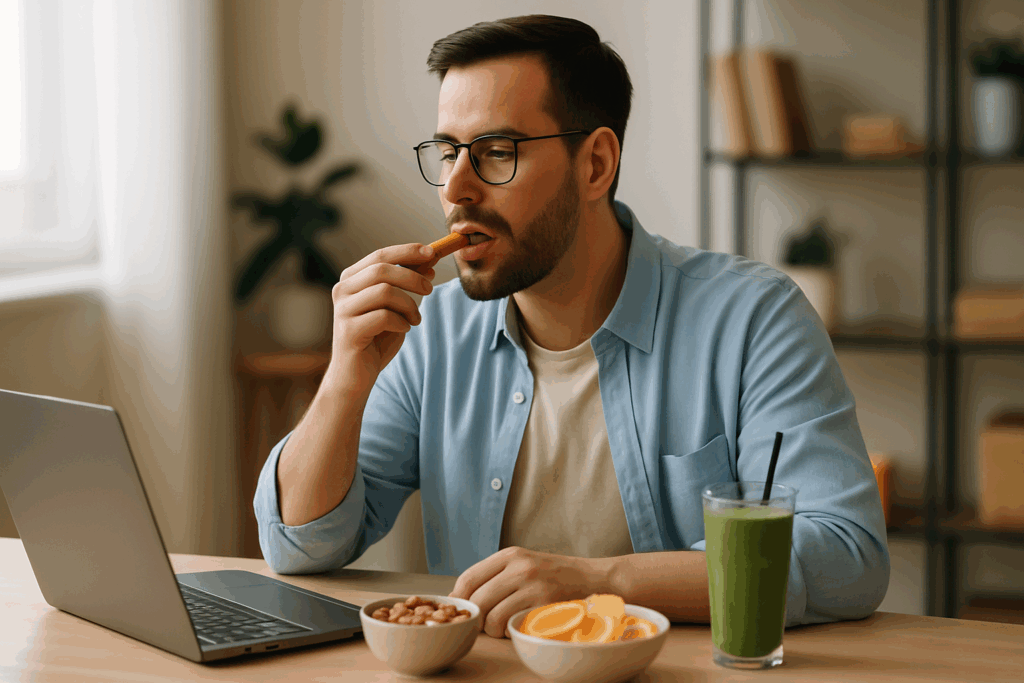 Man enjoying easy and healthy snack ideas at a home office desk with sliced fruit, mixed nuts, and a green smoothie beside an open laptop.