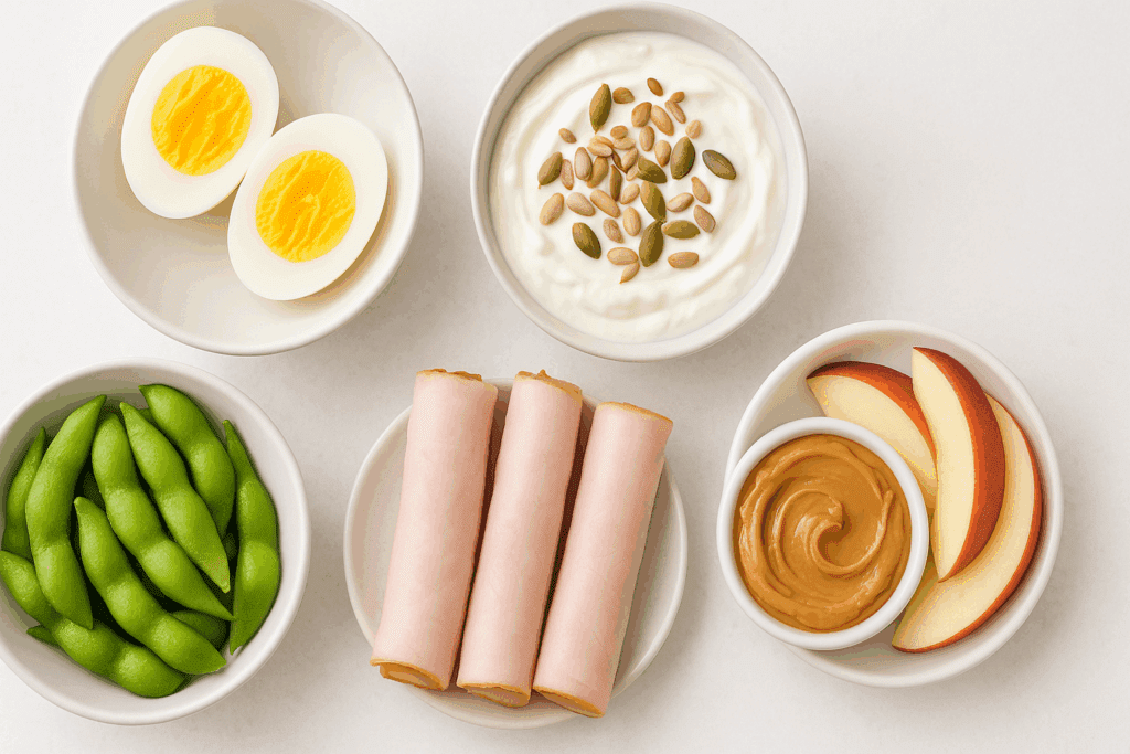 Protein-packed assortment of easy and healthy snack ideas including boiled eggs, Greek yogurt with seeds, edamame, turkey roll-ups, and apple slices with peanut butter.