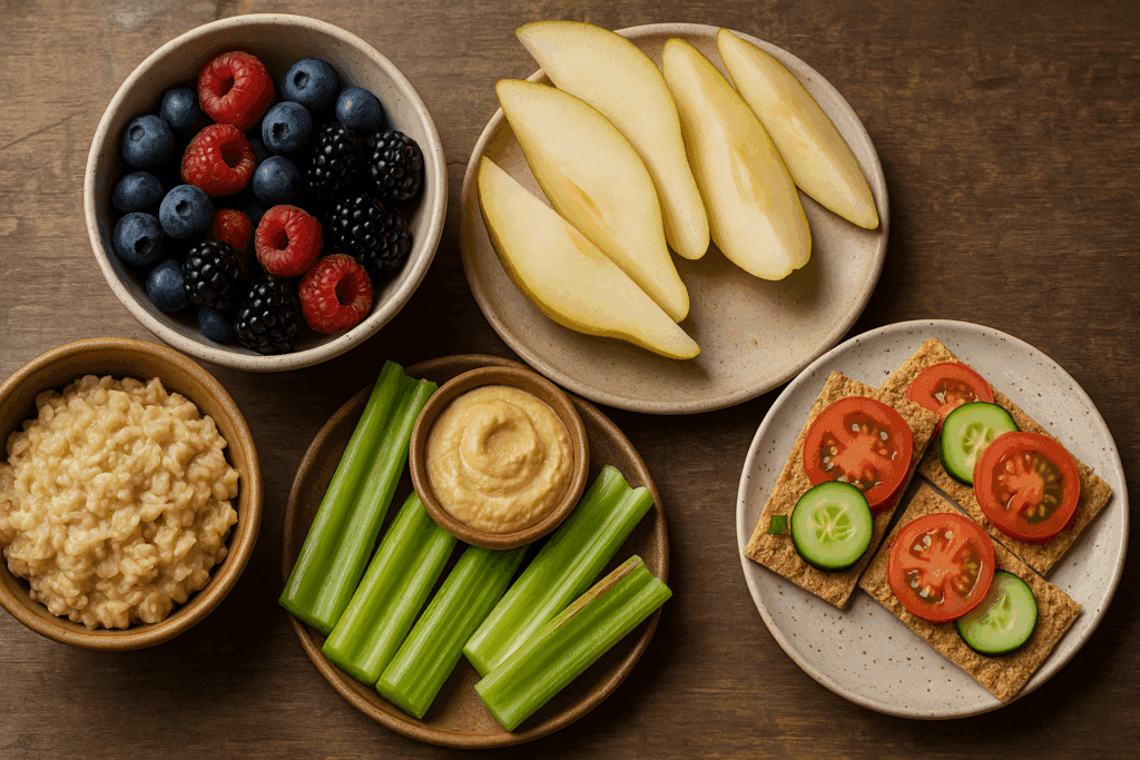 Bowls and plates of easy and healthy snack ideas with fresh berries, pear slices, oatmeal, celery sticks with hummus, and whole grain crackers topped with vegetables.