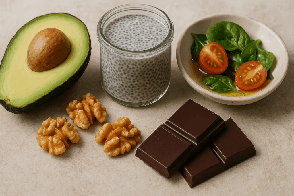 Easy and healthy snack ideas featuring avocado, walnut clusters, chia pudding, dark chocolate, and olive oil salad on a natural surface.