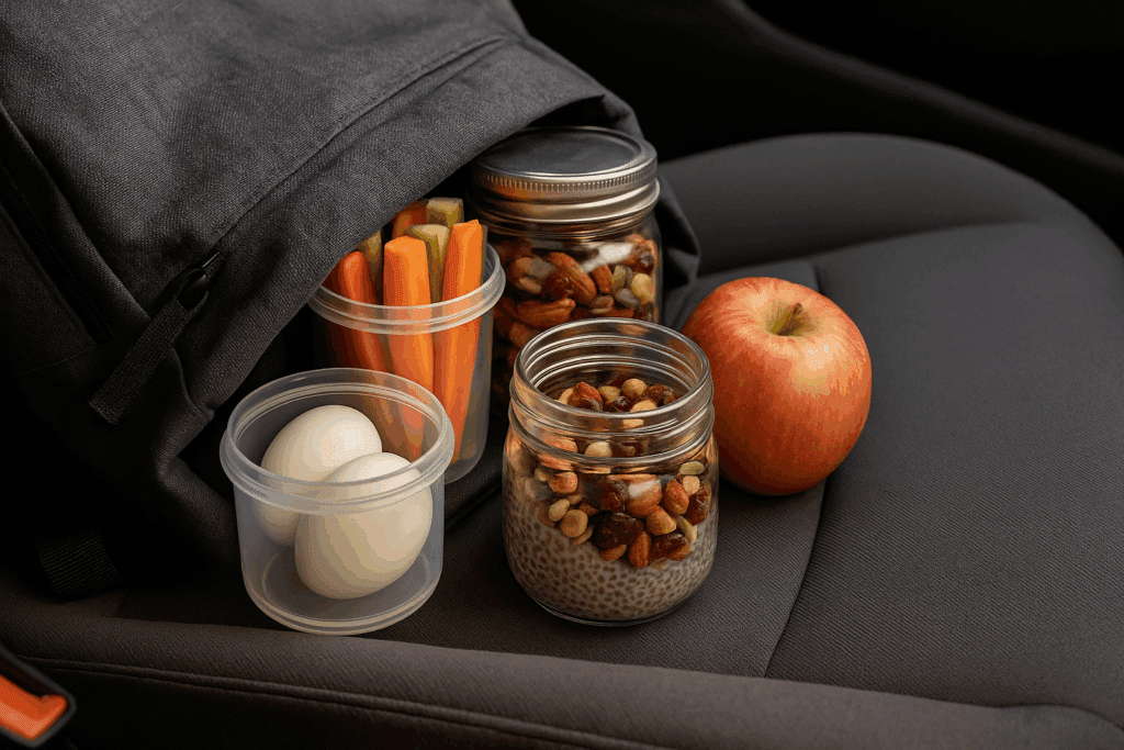 Backpack on a car seat with easy and healthy snack ideas spilling out, including chia pudding, trail mix, veggie sticks, hard-boiled eggs, and an apple.
