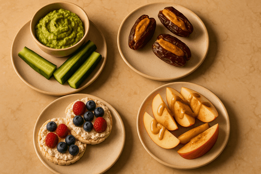 Cucumber with guacamole, almond butter stuffed dates, ricotta rice cakes with berries, and apple wedges with tahini—easy and healthy snack ideas on a warm-toned kitchen counter.