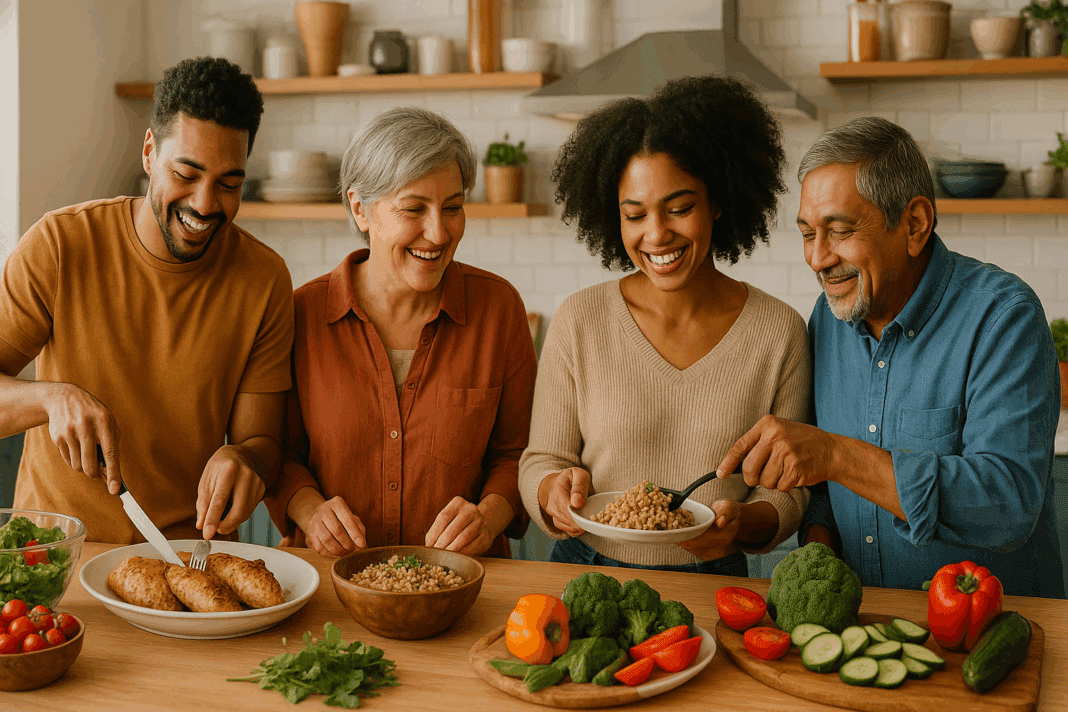 Cheerful multi-generational family preparing and enjoying a healthy meal in a bright kitchen, showcasing easy chicken dinner ideas for family with fresh vegetables and whole grains.