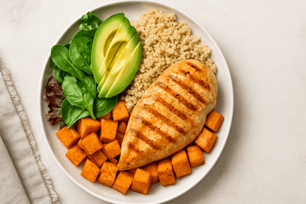 Balanced plate of grilled chicken breast, quinoa, sweet potatoes, avocado, and greens—perfect for easy chicken dinner ideas for family.