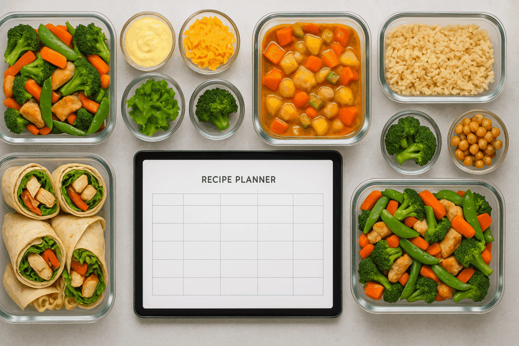 Weekly meal prep with stir-fry, grilled wraps, and stew in containers for easy chicken dinner ideas for family