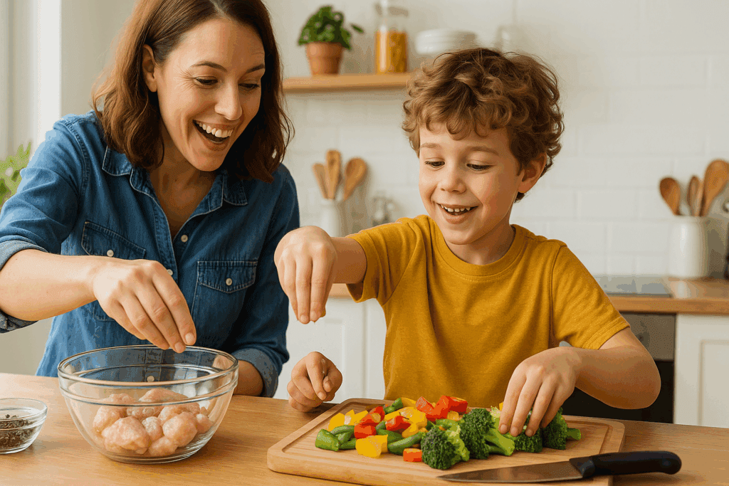 Smiling mother and child preparing vegetables and seasoning chicken together in a bright kitchen, showing easy chicken dinner ideas for family.