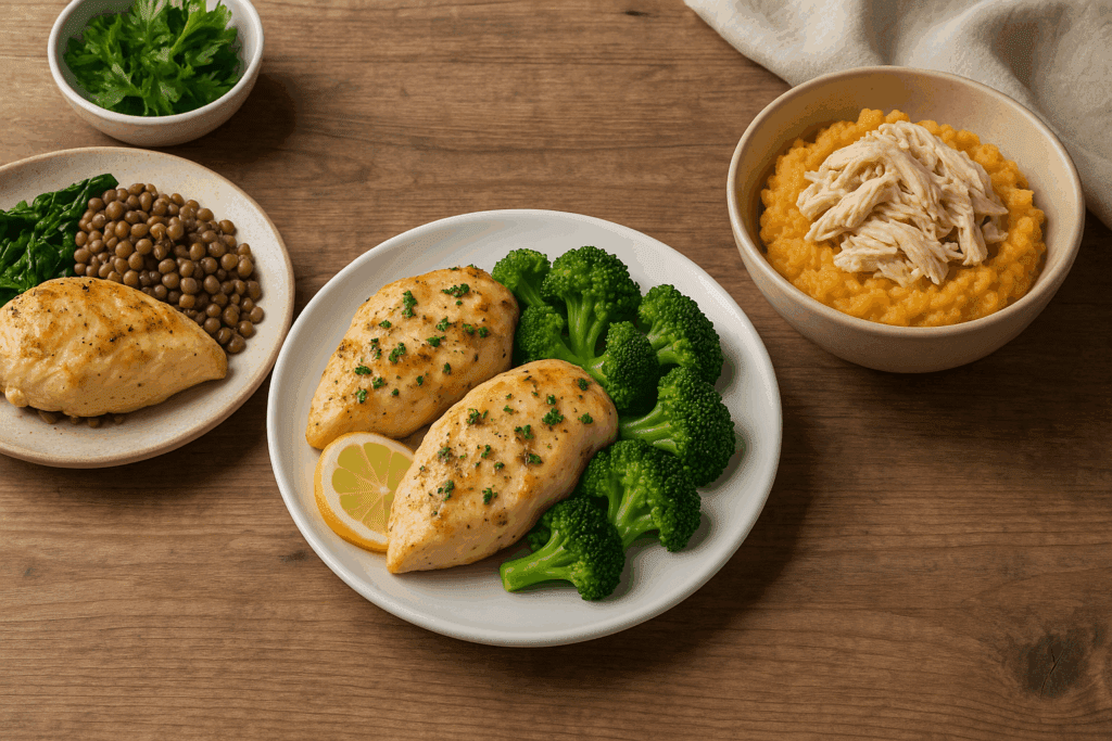 Rustic table with three easy chicken dinner ideas for family, including lemon herb chicken, chicken with lentils and greens, and shredded chicken with mashed vegetables.