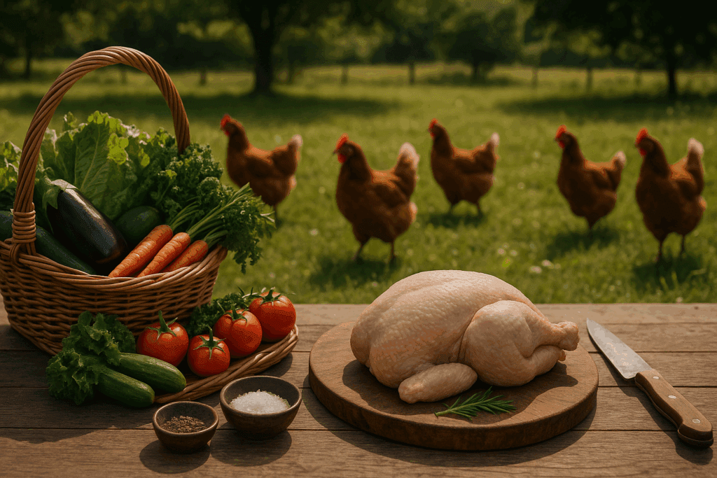 Fresh vegetables, raw ethically sourced chicken, and free-range hens in a pasture illustrating farm-to-table values and easy chicken dinner ideas for family.