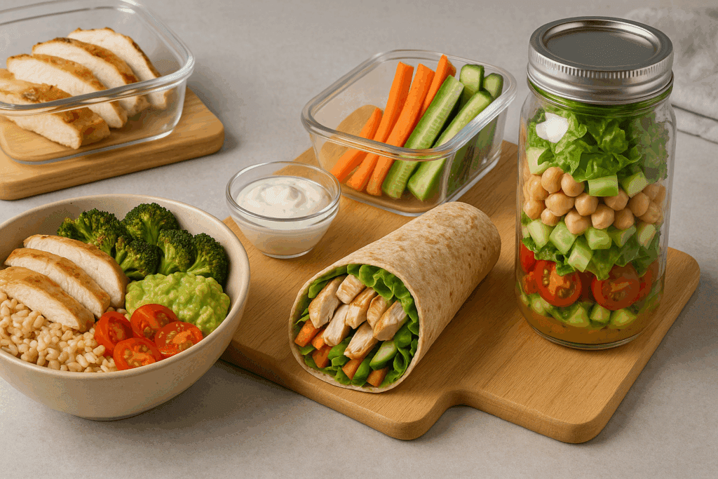 Leftover chicken repurposed into three easy chicken dinner ideas for family: a grain bowl, a veggie wrap with dip, and a layered mason jar salad on a kitchen counter.