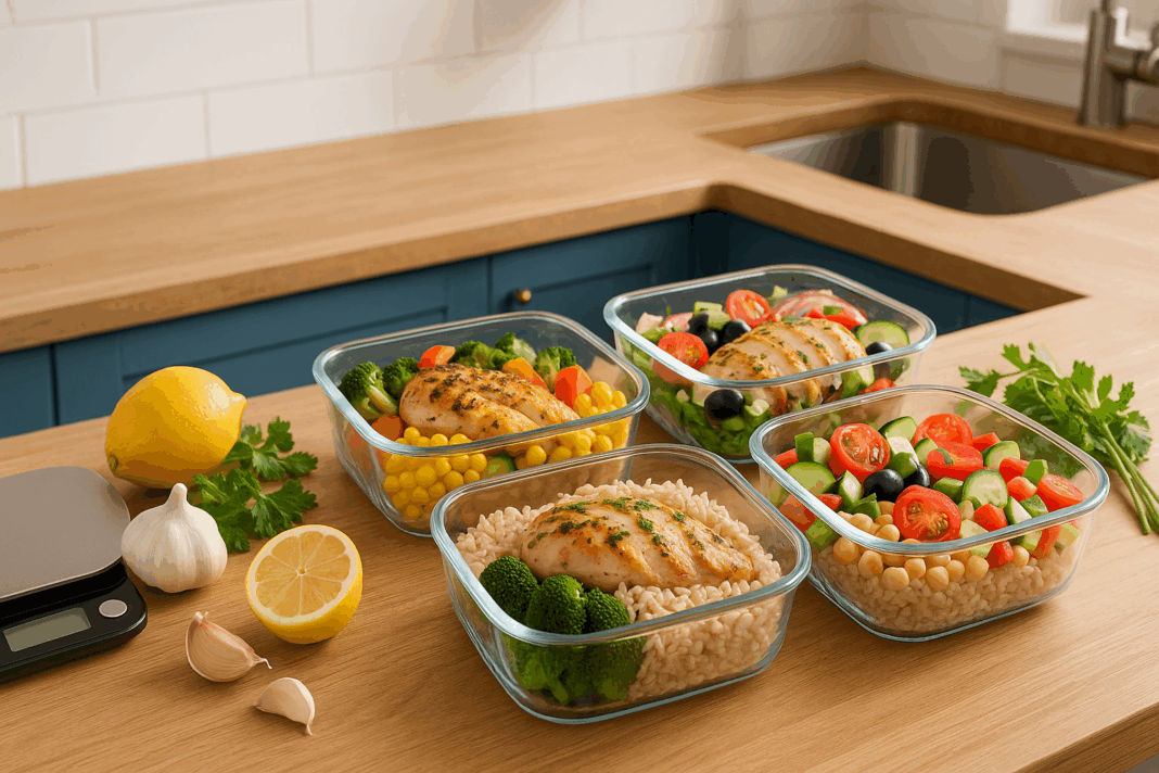 Healthy chicken meal prep in glass containers with grilled chicken, brown rice, and colorful vegetables on a modern kitchen counter.