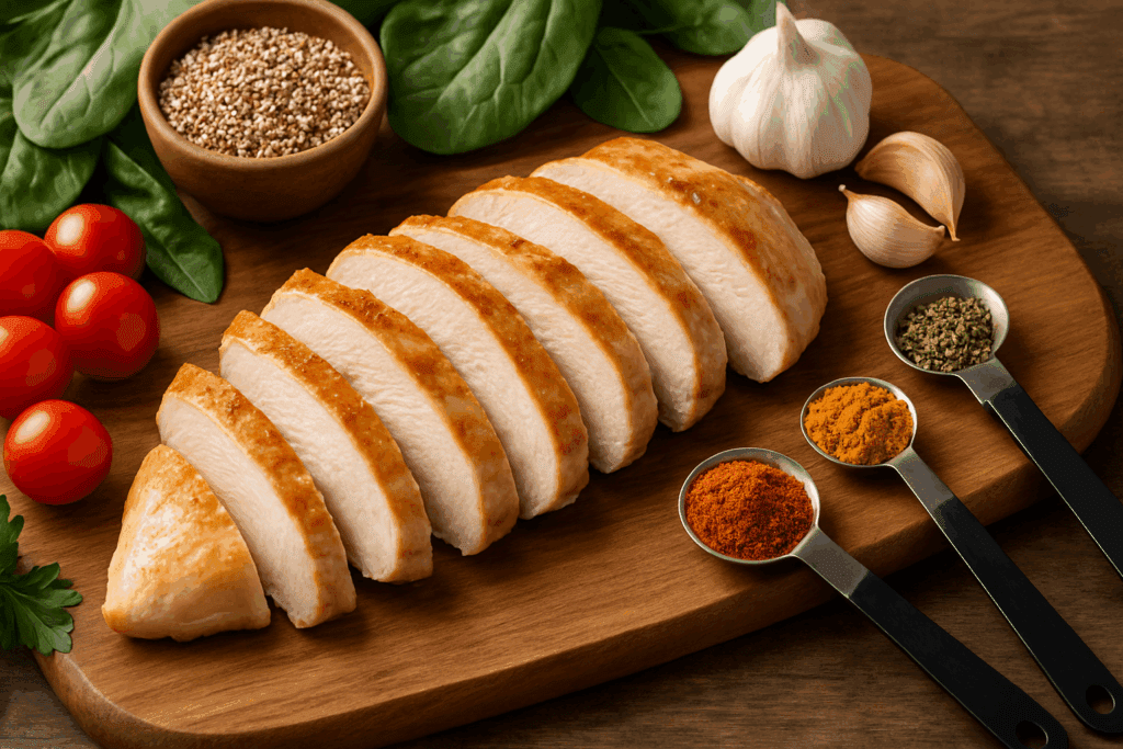Sliced cooked chicken breast on a wooden cutting board with leafy greens, cherry tomatoes, quinoa, garlic cloves, and spices, perfect for healthy chicken meal prep.