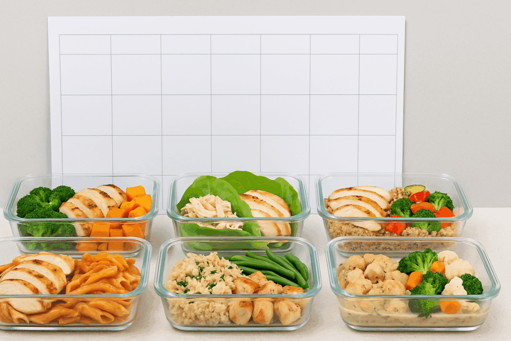 Healthy chicken meal prep containers organized on a countertop with a weekly calendar in the background, featuring grilled chicken, vegetables, quinoa, and lettuce wraps.