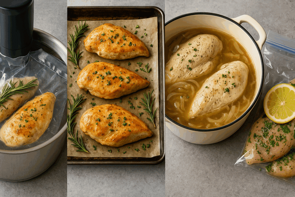 Healthy chicken meal prep techniques shown with sous vide, oven roasted, slow-cooked, and marinated chicken breast variations.