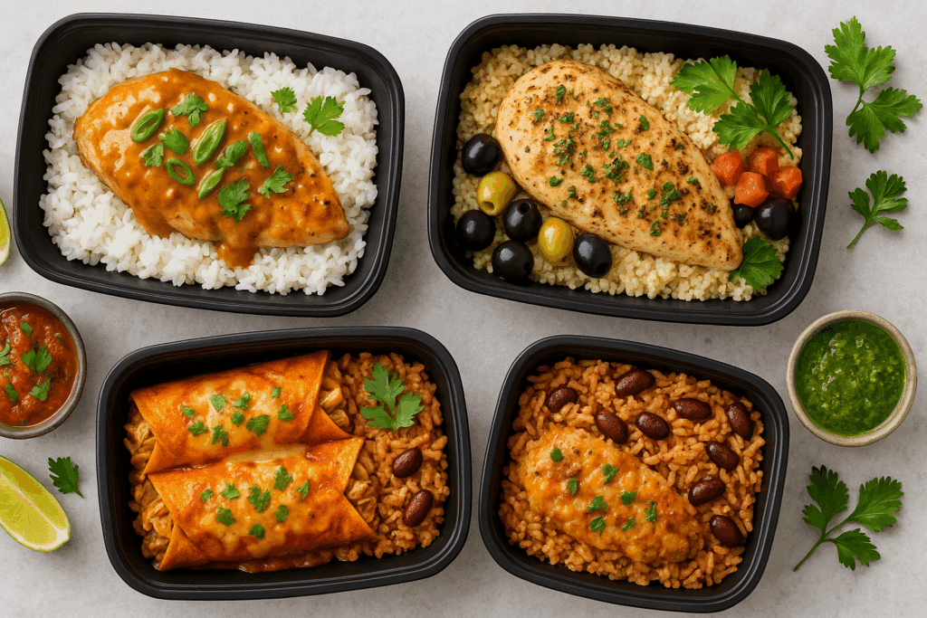 Healthy chicken meal prep featuring Thai peanut chicken with jasmine rice, Mediterranean chicken with couscous and olives, and Latin-style enchiladas with beans and rice.