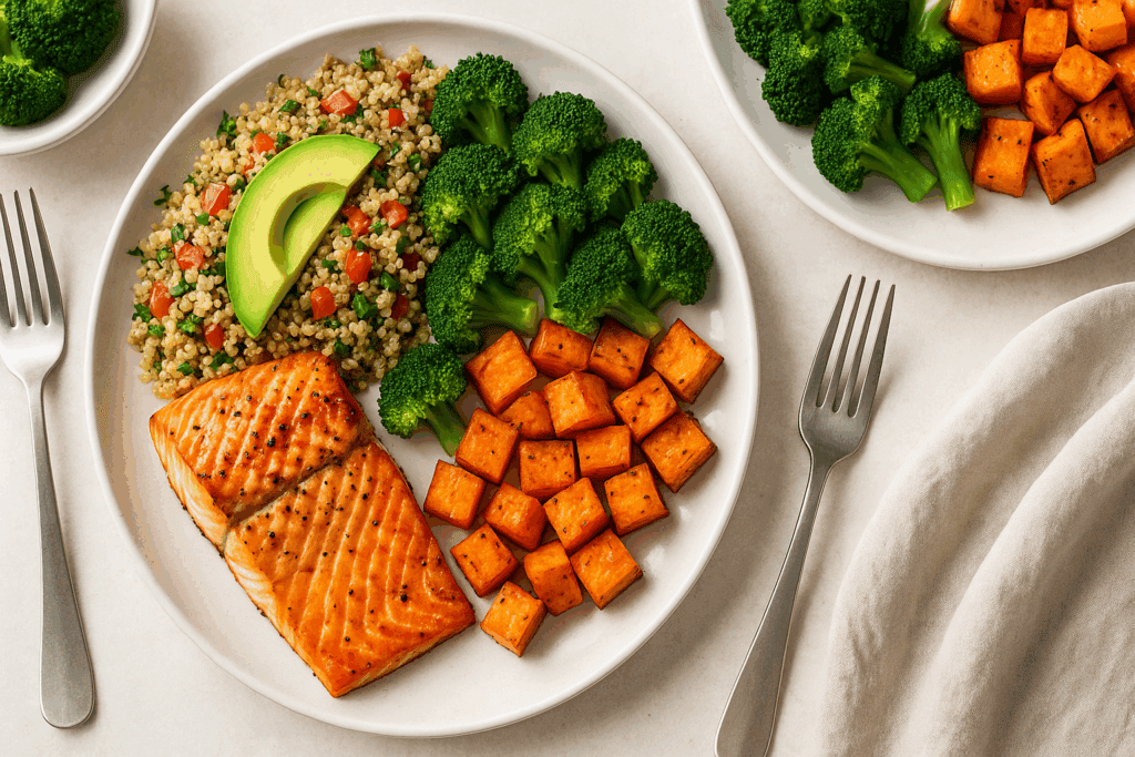 Healthy dinner for two with grilled salmon, roasted sweet potatoes, steamed broccoli, and quinoa avocado salad on a bright, fresh dinner plate.