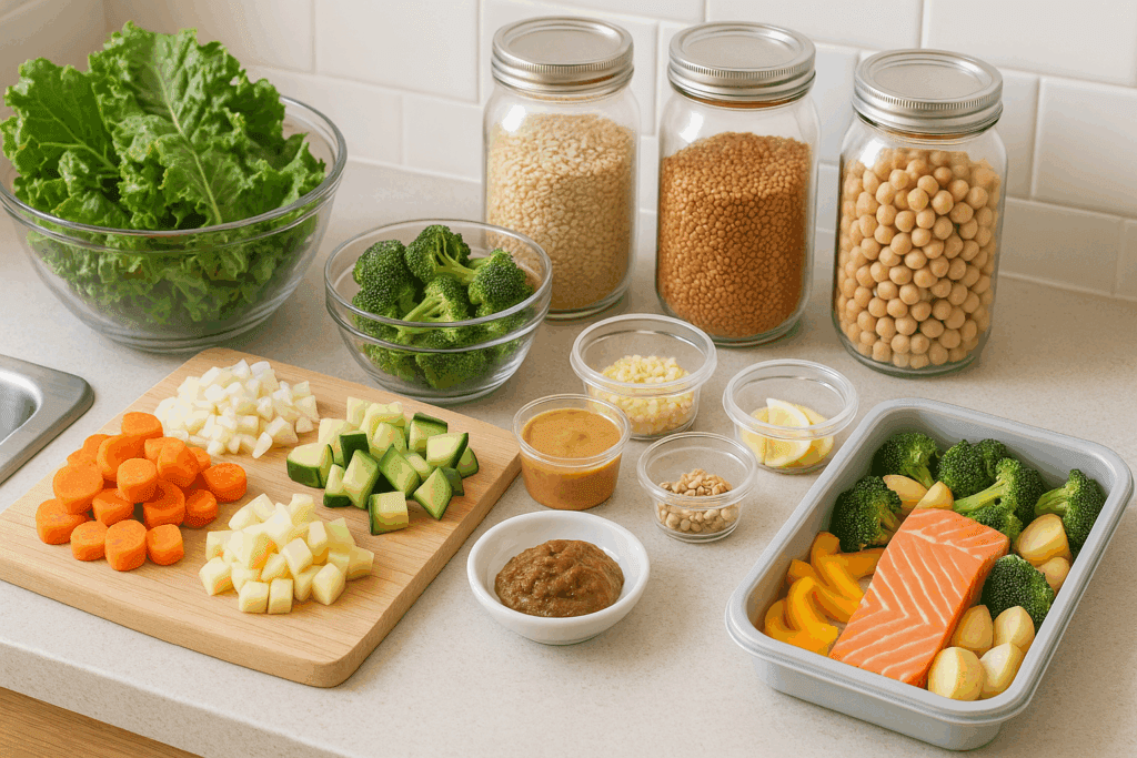 Prepped ingredients on a kitchen counter for a healthy dinner for two, including chopped vegetables, grains, legumes, and a sheet pan with salmon, potatoes, and broccoli.