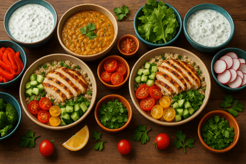 Healthy dinner for two featuring grilled chicken quinoa bowls, lentil dal, cucumber raita, tzatziki, and fresh vegetables on a vibrant multicultural table.