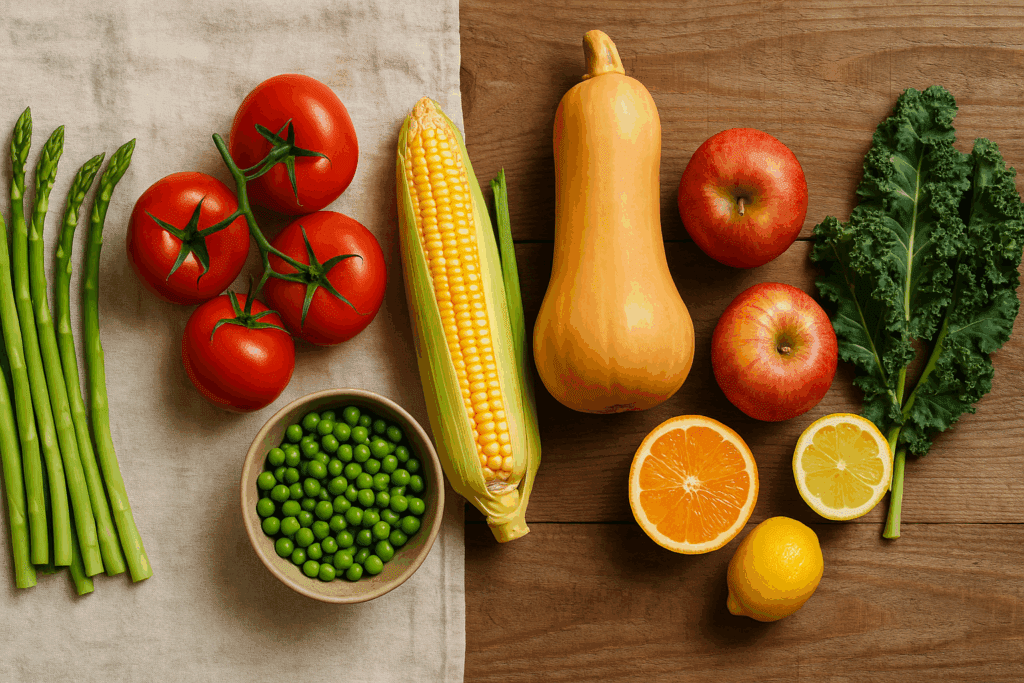 Fresh seasonal produce arranged by season—spring asparagus and peas, summer tomatoes and corn, fall squash and apples, and winter citrus and kale—perfect for planning a healthy dinner for two.