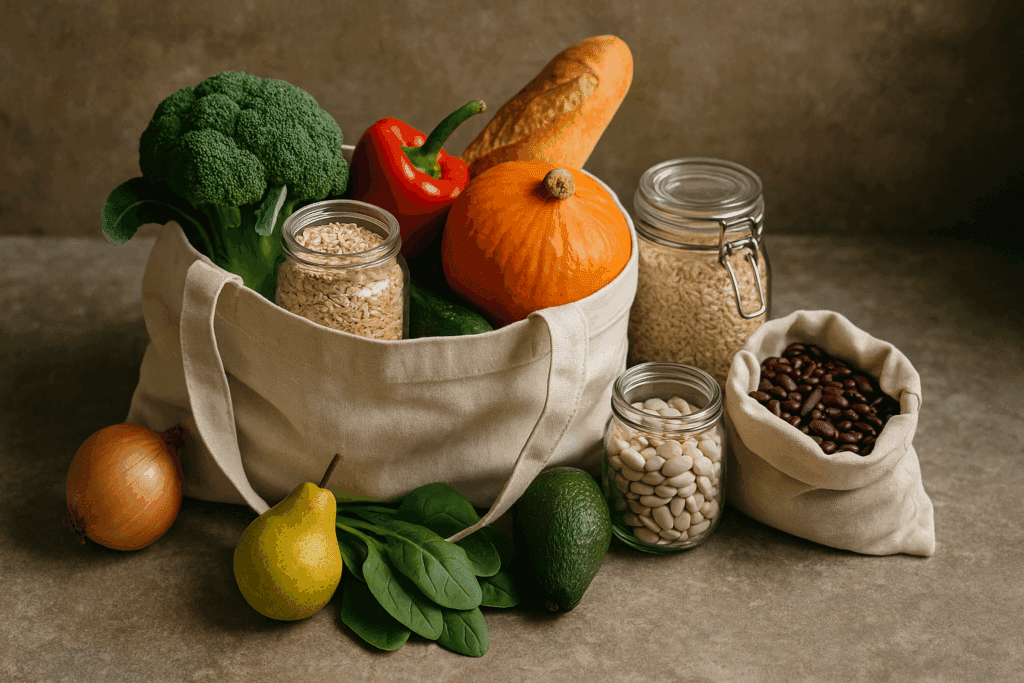 Reusable canvas tote filled with fresh produce, grains, and beans on a rustic counter, ideal for planning a healthy dinner for two.