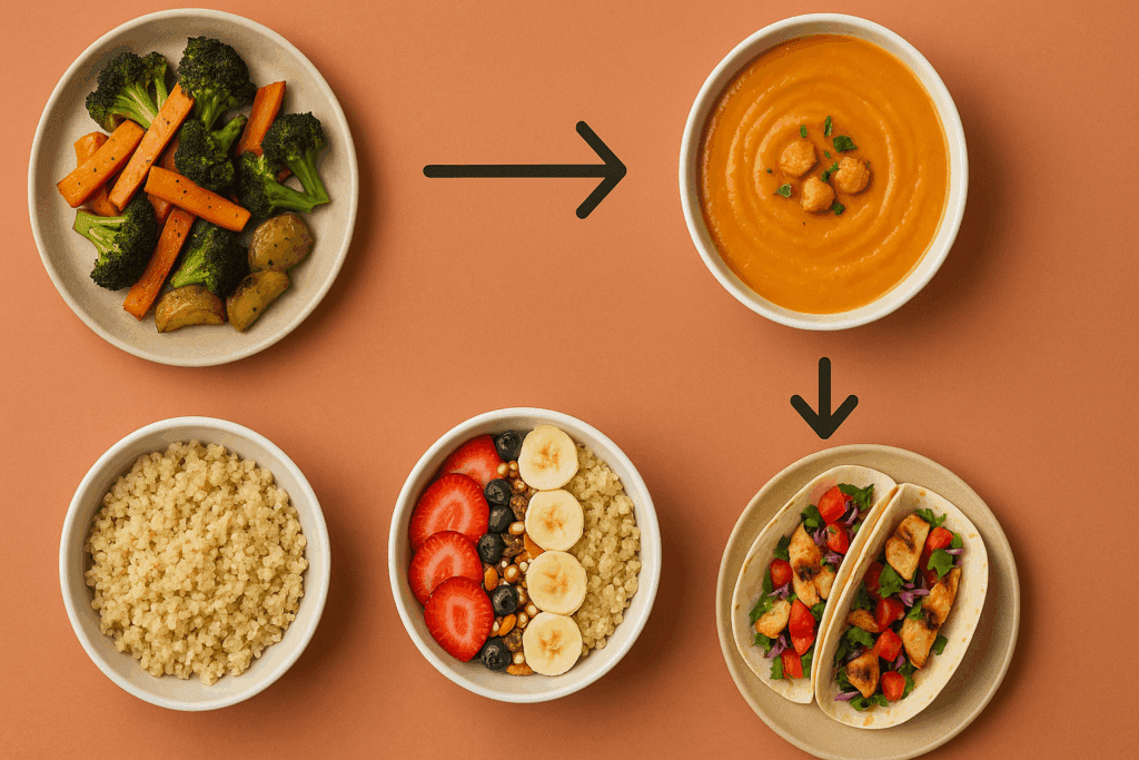 Infographic showing a healthy dinner for two made from leftovers, with roasted vegetables becoming soup, quinoa turned into a breakfast bowl, and grilled chicken transformed into tacos