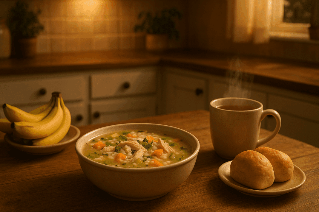 Chicken and rice soup with bananas, herbal tea, and soft bread in a cozy kitchen—meals that are easy on the stomach.