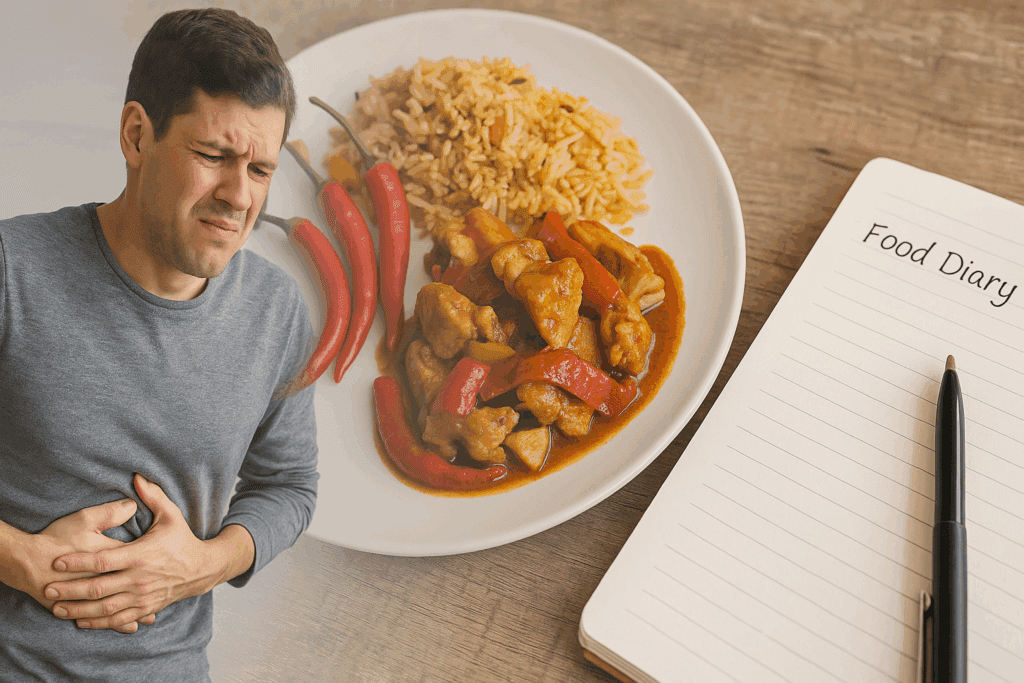 Person clutching stomach in discomfort beside spicy food and a food diary, symbolizing triggers to avoid when choosing meals that are easy on the stomach.