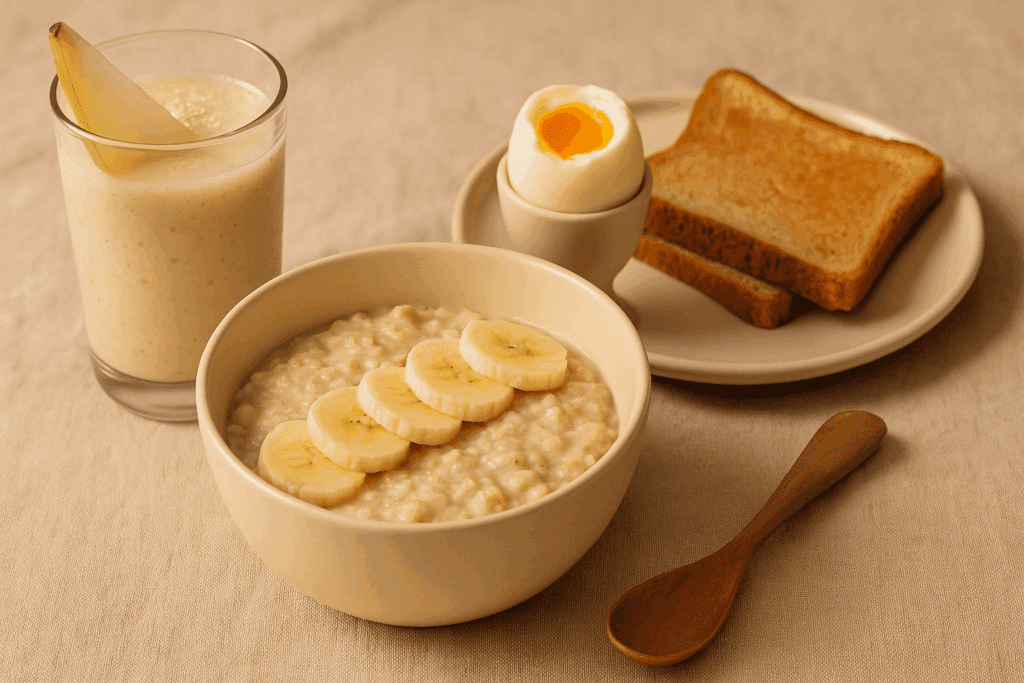 Breakfast plate with oatmeal and banana slices, soft-boiled egg, toast, and a pear smoothie—perfect example of meals that are easy on the stomach.