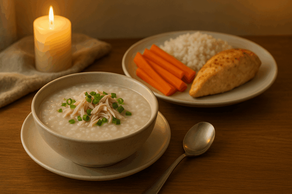 Bowl of chicken congee and a plate of jasmine rice with carrots and baked chicken, showcasing meals that are easy on the stomach in a calming dinner setting
