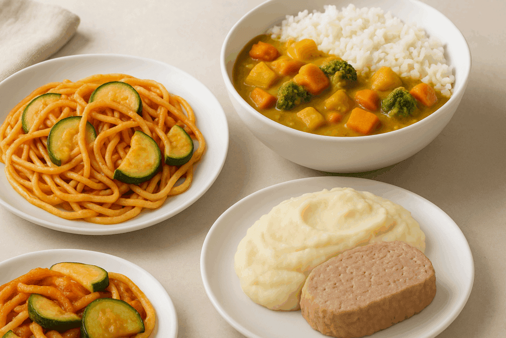 Three meals that are easy on the stomach, including gluten-free pasta with zucchini, mild vegetable curry with rice, and soft mashed potatoes with lean meatloaf