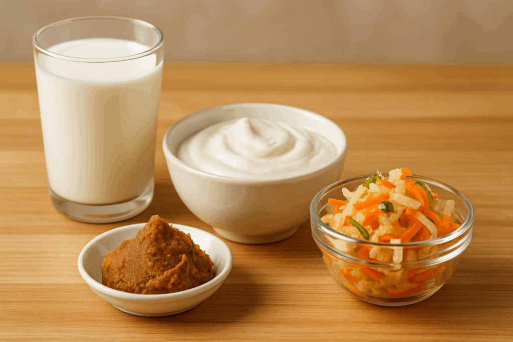 Fermented foods including kefir, yogurt, miso paste, and vegetables on a wooden counter—ideal for meals that are easy on the stomach