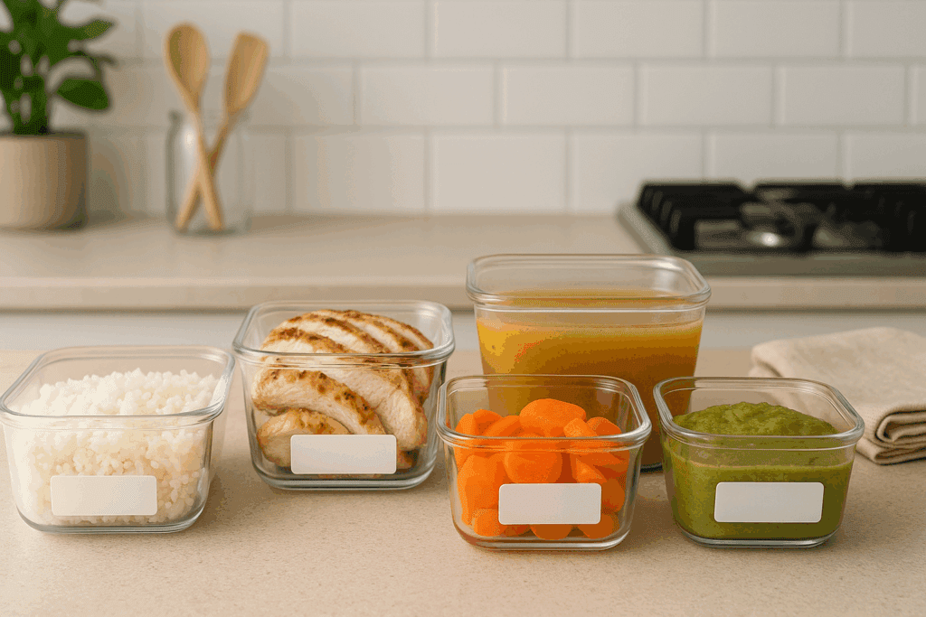 Meal prep containers on a kitchen counter filled with meals that are easy on the stomach, including rice, grilled chicken, carrots, soup, and pureed vegetables.