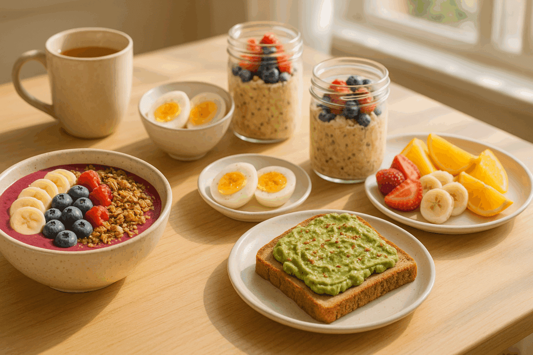 Quick simple breakfast ideas featuring avocado toast, smoothie bowl, overnight oats, fruit, eggs, and herbal tea on a sunlit kitchen table.