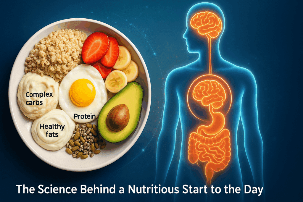 Healthy breakfast plate with oats, fruit, eggs, avocado, and seeds next to glowing human silhouette illustrating quick simple breakfast ideas for brain and gut health