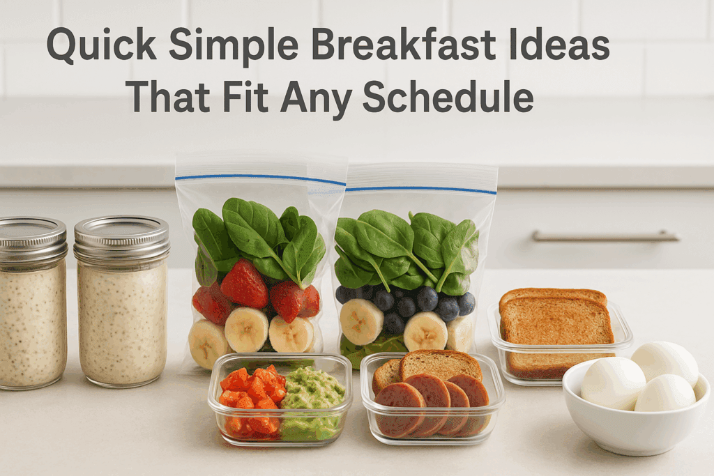 Top-down view of quick simple breakfast ideas including overnight oats, smoothie bags, toast toppings, and hard-boiled eggs on a kitchen counter.